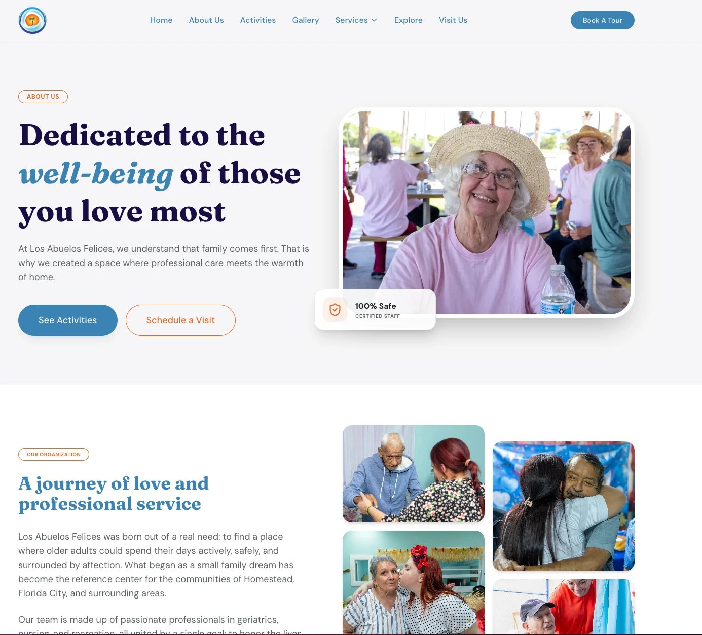 Los Abuelos Felices website: warm hero with a smiling older woman and a photo mosaic of the center's activities