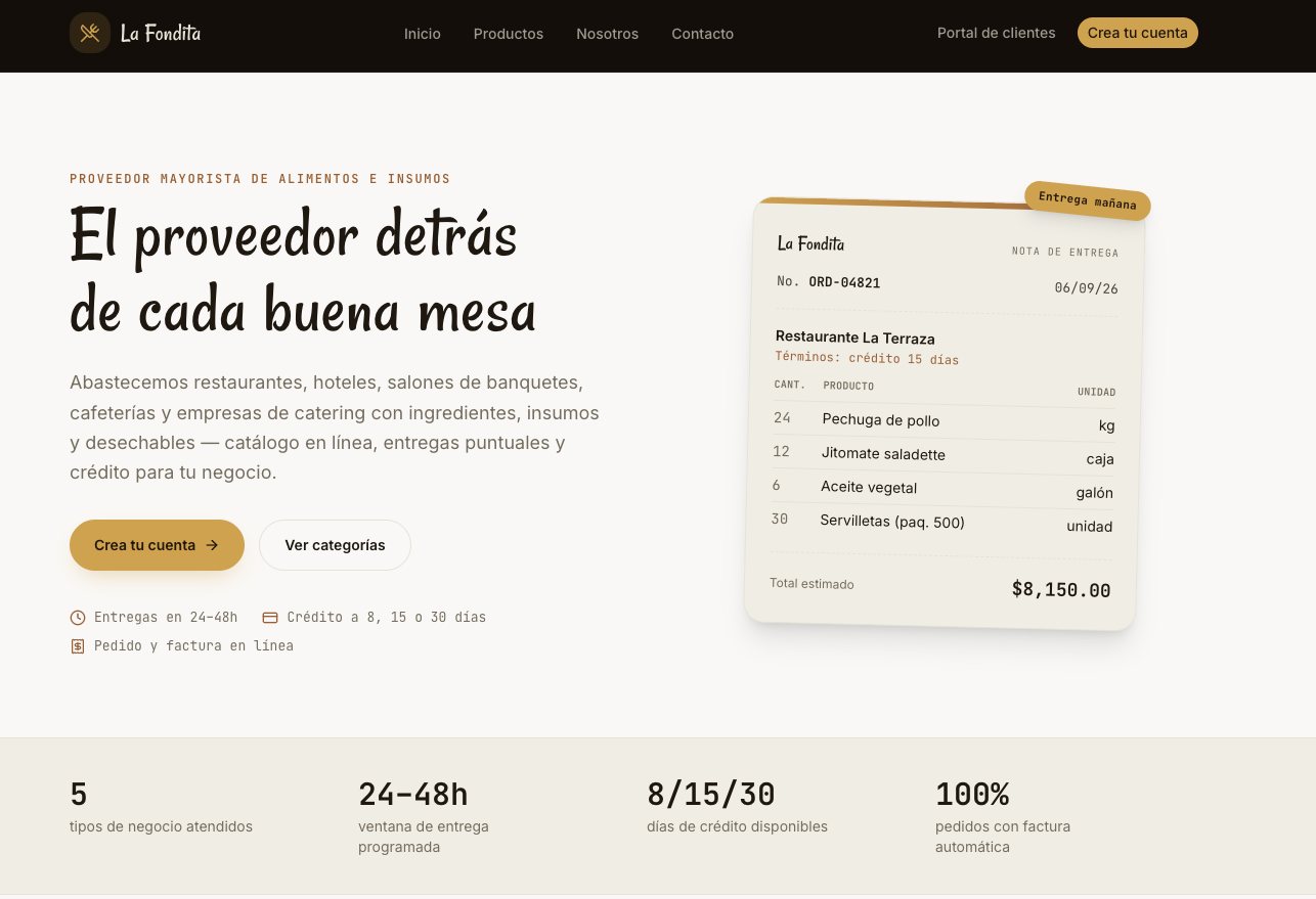La Fondita website: Spanish-language wholesale food supplier with an order delivery note illustration and key figures