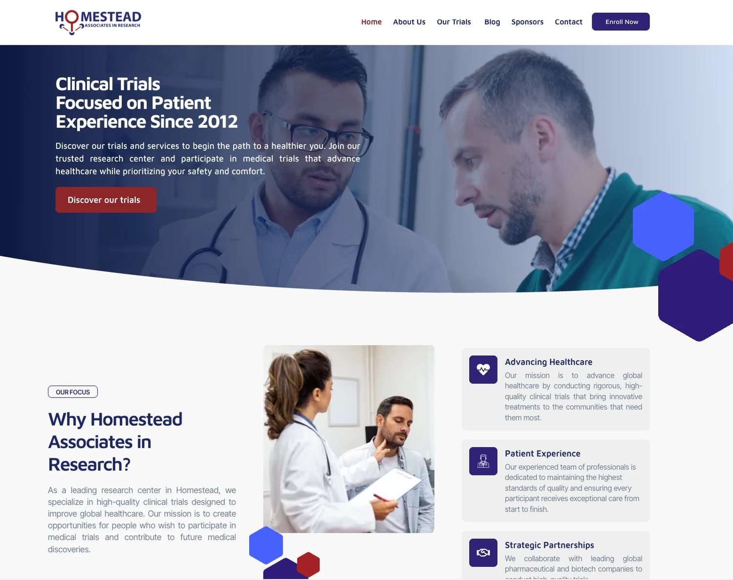 Homestead Associates in Research website: clinical trials hero with two clinicians and focus cards